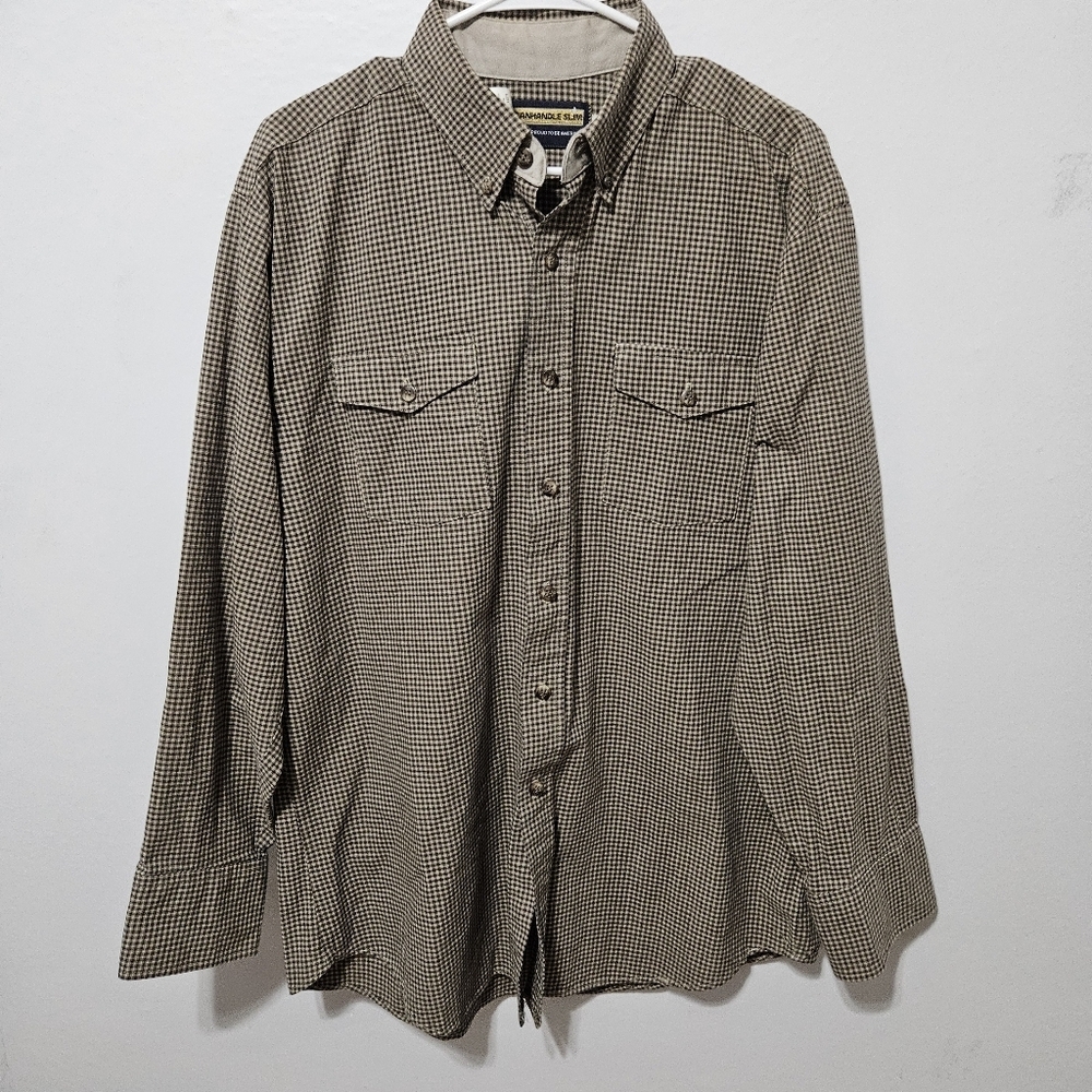 Panhandle Slim Long Sleeve Button Down Brown Tan Check Plaid 17 35 USA Made B17
